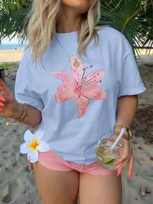 New Christmas Sportswear Fashionable Men's Explosive Short Sleeve 1 Piece Plus Size Women's Loose Off Shoulder Fit 100% Cotton T-Shirt Printed With Watercolor Pink Lily Designs, Perfect For Summer Beach Tropical Vacation And Music Festival Clothing Sets Creating Fresh Bohemian Style - 淺藍色 - 查看 12