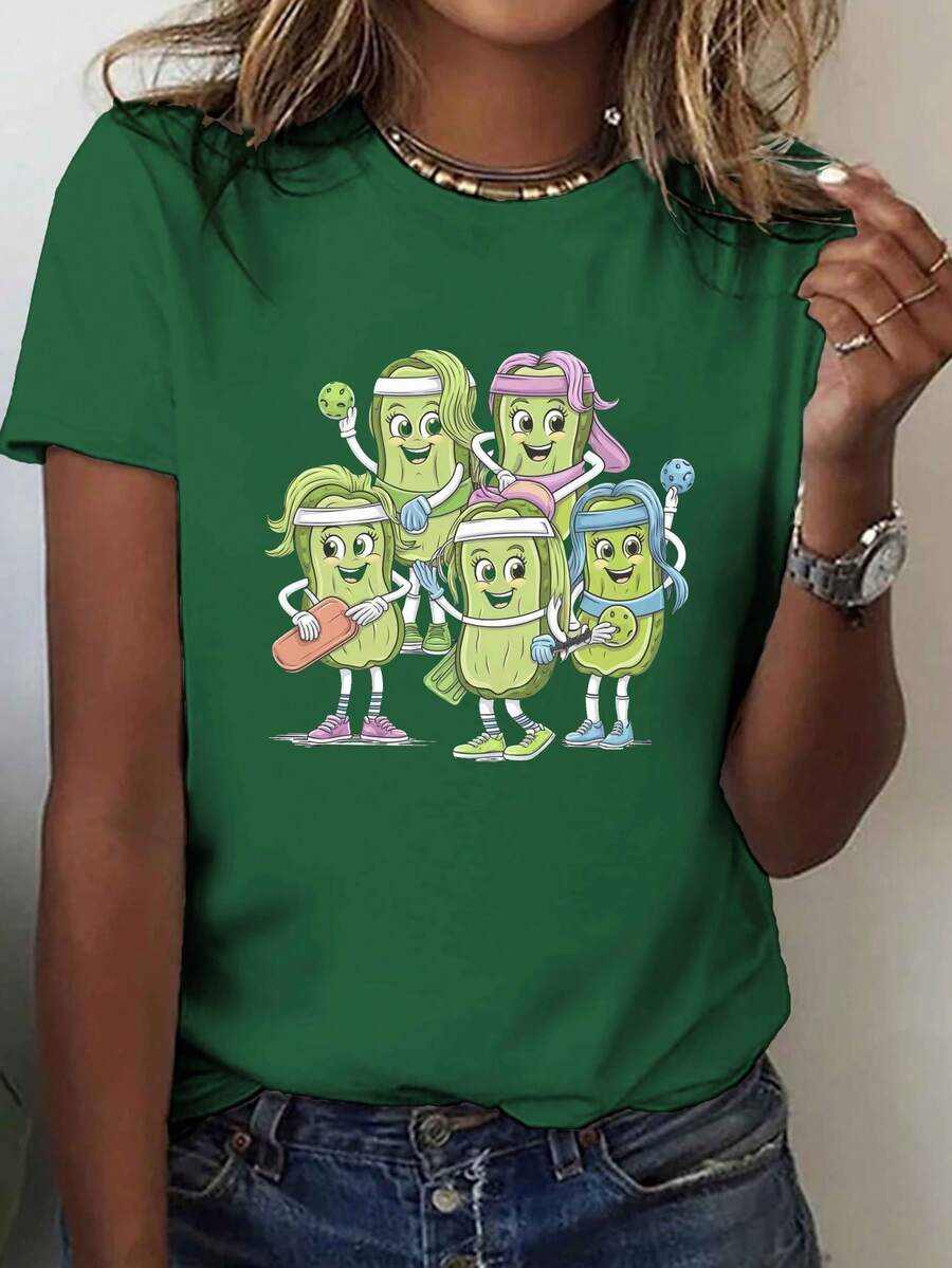 Women's Pickleball Print T-Shirt - Casual Short-Sleeved Crew Neck T-Shirt With Cartoon Character Design, Breathable And Medium Stretch Fabric, Machine Washable, Suitable For Spring And Summer, Sportswear For An Active Lifestyle, Comfortable T-Shirt With Fun Print, A Must-Have For Fashion Lovers. - 綠色 - 查看 1