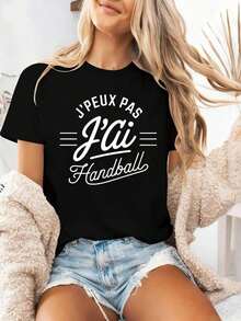 Women's T-Shirt With French Handball Theme Print - Comfortable Cotton T-Shirt With Round Neck, Featuring French Team Motifs And Handball Elements - Casual Wear For Fans, Women's Sportswear, Casual Blouses For Ladies. - 黑色 - 查看 7
