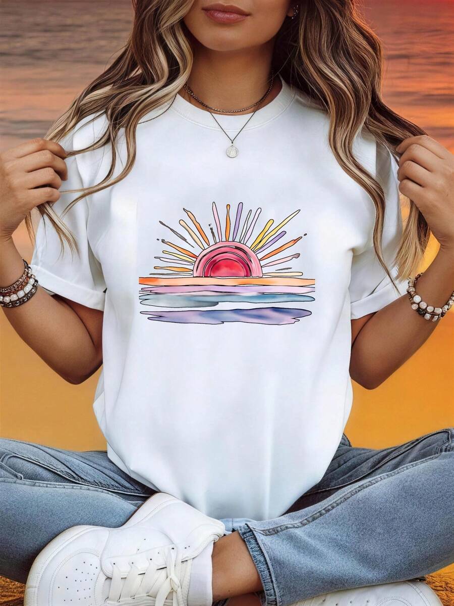 Women's Summer Top, Casual Short Sleeve T-Shirt With Watercolor Sunset Wave Print, Beach Vacation Style, Lightweight And Breathable | Casual Blouses For Women - 白色 - 查看 1