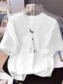 Women's T-Shirt With Cat And Moon Tree Silhouette Print - Inspirational T-Shirt For Women - Crew Neck - Lightweight Casual Spring/Summer Design With Fantasy Print And Distinctive Phrase - Machine Washable, Comfortable Casual Wear - Women's Going-Out T-Shirts - 白色 - 查看 1