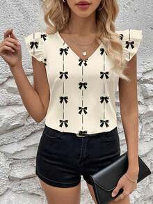 Blusa de moda con cuello en V y mangas cortas con estampado de moño para mujer - Multicolor 3 - Ver 4