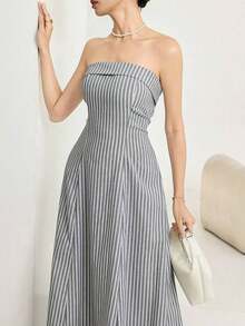Vestido largo elegante sin tirantes con cremallera en la espalda a rayas para mujer, uso diario casual - Gris - Ver 4