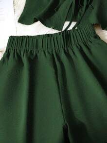 Set de 2 piezas de conjunto informal de mujer de unicolor con nudo, elegante para primavera/verano - Verde militar - Ver 4