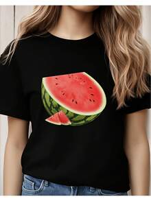 Limited Time Offer, Limited Quantity Available, Lightning, Women's Shirts, Women's T-Shirts. Women's Watermelon Print T-Shirt, Casual Summer Style, Fruit Design For Beach And Picnic Outfits. 2D Women's T-Shirt, Casual Loose Design, Slightly Elongated. - 黑色 - 查看 10