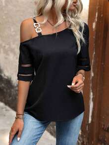 Camisa casual con cuello asimétrico y empalme de malla, top de un solo hombro - Negro - Ver 5