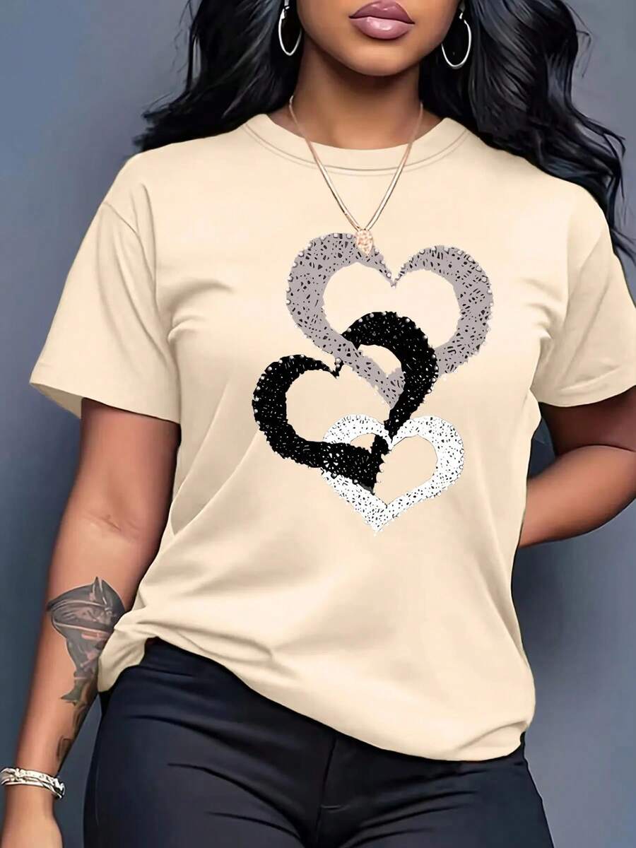 Camiseta de Verano para Mujer con Estampado de Corazones, Cuello Redondo y Manga Corta, Estilo Deportivo y Moderno para Todas las Temporadas - Albaricoque - Ver 1