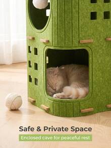 3-Tier Felt Cat Condo Tower With Scratching Function And Hanging Ball Toy, Space-Saving Indoor Cat House With Cozy Hiding Spot And Top-Level Resting Bed, Suitable For Multiple Cats, Modern Green Pet Furniture - Multicolor - View 4