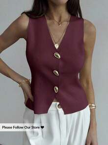 elegante de mujer de unicolor con cuello en V sin mangas, decorado con botones metálicos, para verano, vacaciones en la playa, estilo boho tropical, tops de verano minimalistas, casuales de oficina, de salida elegante, para la escuela en ot - Burdeos - Ver 1