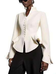 2026 Nueva Moda Minimalista Primavera/Verano Elegante Blazer Ajustado de Cintura Caqui para Mujer, Camisa de Negocios para Damas, Adecuado para el Trabajo, Se Puede Usar como Blazer, Blusa, Uniforme de Trabajo/Casual de Negocios/Atuendo de Oficina - Albaricoque - Ver 4
