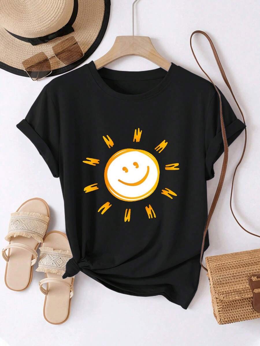 Camiseta de manga corta con cuello redondo para mujer, cómoda y casual, con estampado de cara sonriente, cálida y con diseño, de longitud regular, adecuada para todas las estaciones, moda diaria para primavera y verano. - Negro - Ver 1