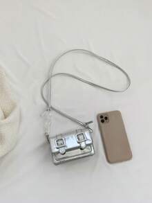 New Mini Square Bag For Spring/Summer, Decorated With Belt, Flap Opening, Chain & Belt Strap, Small Capacity Lightweight Minimalist Crossbody Bag - Silver - View 3