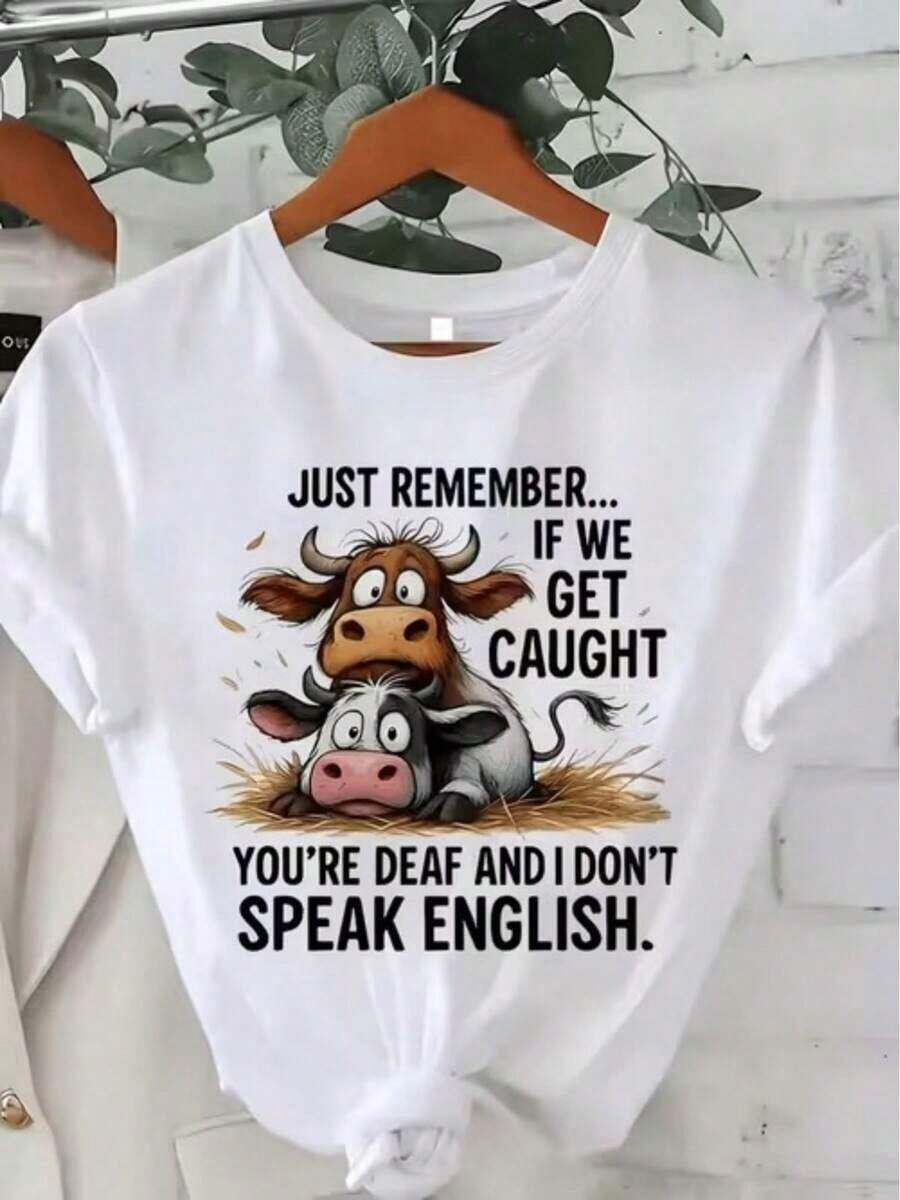 Camiseta clásica para mujer, top casual sencillo, camiseta estampada con diseño de vacas divertidas y frases graciosas, adecuada para actividades diarias informales y vacaciones, blusas casuales para mujer. - Blanco - Ver 1