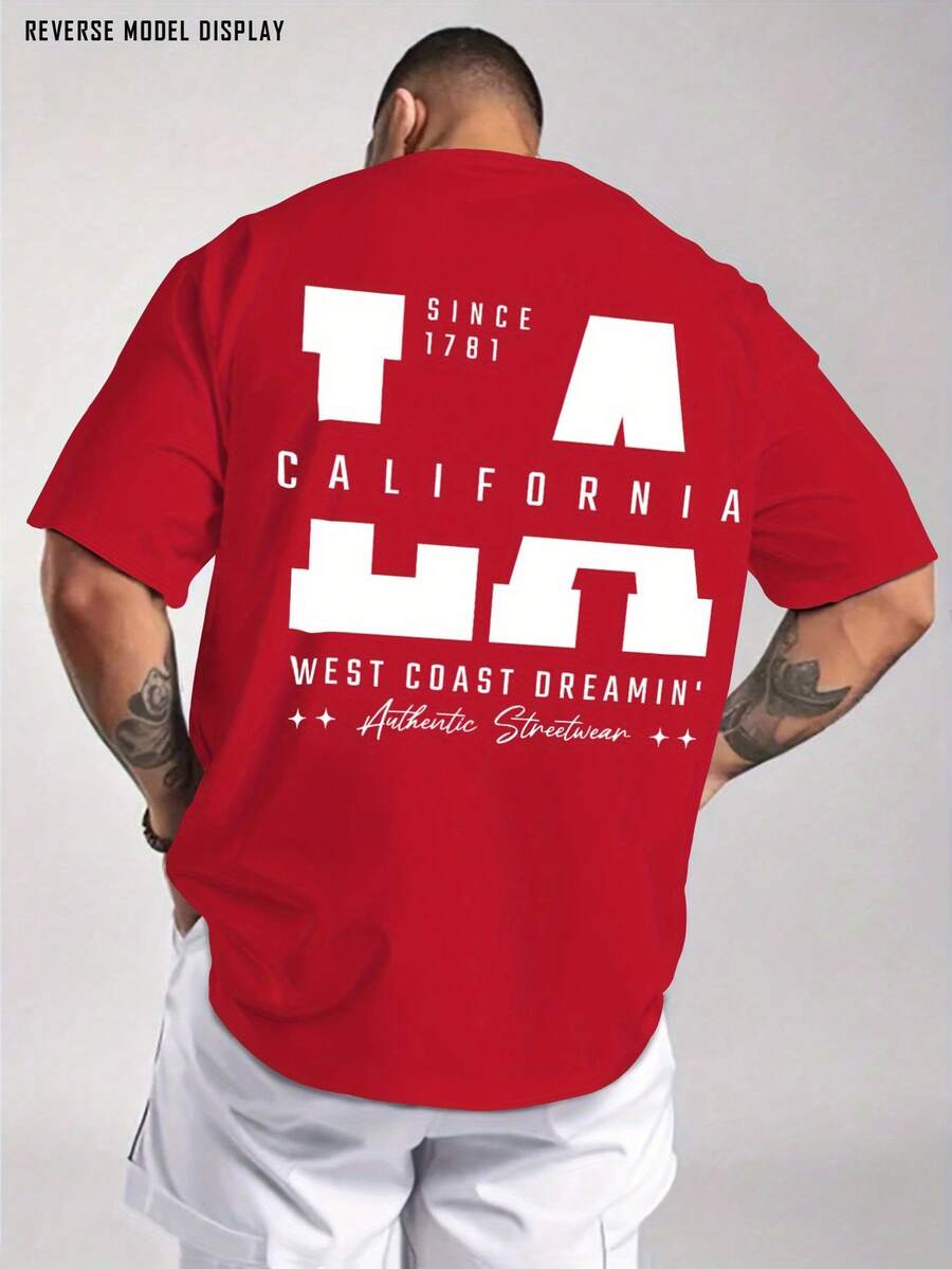 Men's Fashion Casual T-Shirt - 100% Cotton, Regular Fit, Short Sleeve, Crew Neck, California LA West Coast Print, American Urban Style,  Print Design, Perfect For Streetwear Or Everyday Wear, Or As A Gift - [紅色的] - 查看 1