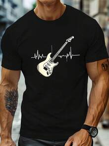 Men's Electric Guitar T-Shirt With Heartbeat Graphic - Music Lover T-Shirt With Heartbeat Line, Lightweight Crew Neck For Concerts, Casual Wear - Rock Band Clothing Gift For Guitarists, All Seasons - 黑色 - 查看 5