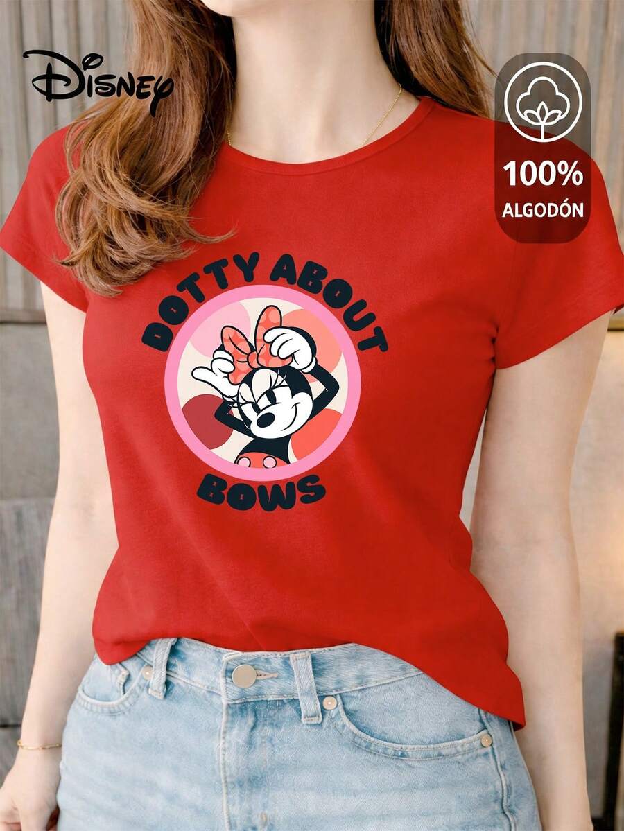 Women's T-Shirt Made Of 100% High-Quality Cotton, This T-Shirt Guarantees Exceptional Softness To The Touch, Round Neck With "Disney Minnie Dotty About Bows" Print And Short Sleeves - 紅色 - 查看 1