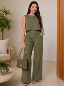 Women's Tailored Premium Linen Set, High-Waisted Wide-Leg Pants, 2-In-1 Linen, Summer - Army Green - View 5
