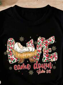 Custom College Style T-Shirt With Christian Christmas Design, Christmas Design T-Shirt, Christmas Love T-Shirt, Christmas Jesus T-Shirt, Little Jesus T-Shirt, Merry Christmas T-Shirt - Unisex Vintage Urban Style Cotton T-Shirt, Short Sleeve, Round Neck And Loose Fit. - 黑色 - 查看 3