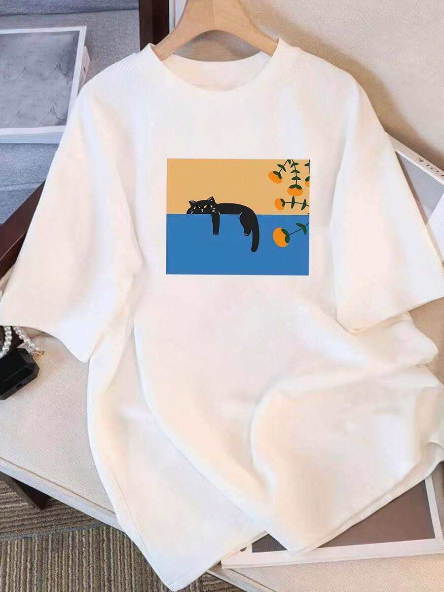 Vintage 100% Cotton T-Shirts, Pure Cotton T-Shirts For Women, Short Sleeve, Unique Printed Design, Summer Style 2026, Loose Fit, Half Sleeve, Slimming Tops For Students, 100% Cotton Short Sleeve T-Shirts For Women. - 白色 - 查看 1