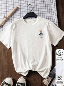Camiseta de manga corta para mujer, 100% algodón, con estampado de oso, estilo casual, tela suave, ropa de algodón, top para exteriores, estampado, camiseta de verano, camiseta para mujer, top, blusa de verano, atuendo para vacaciones, estilo de viaje, estilo playero, ropa minimalista para resort, color blanco. - Blanco - Ver 1