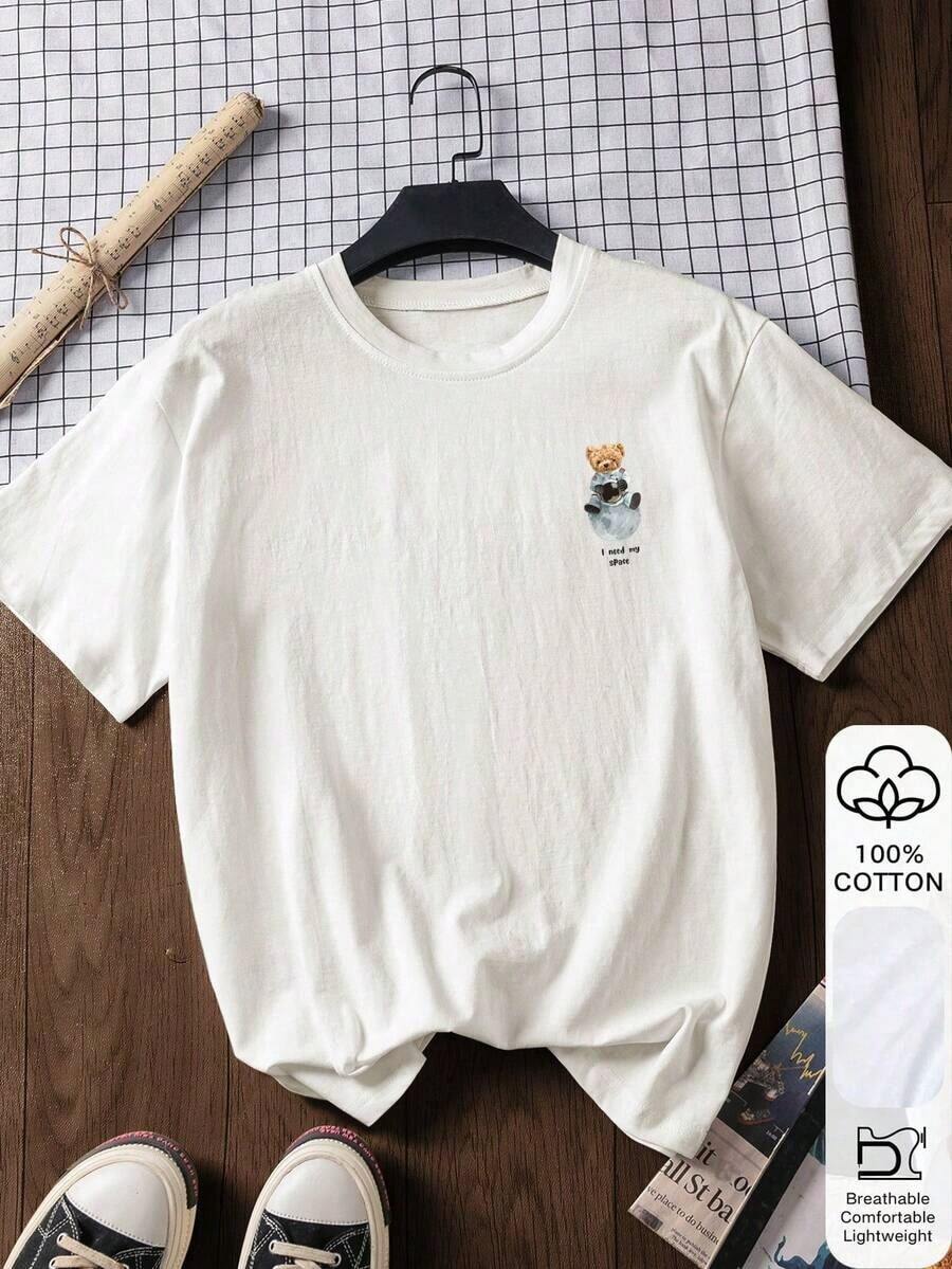 Camiseta de manga corta para mujer, 100% algodón, con estampado de oso, estilo casual, tela suave, ropa de algodón, top para exteriores, estampado, camiseta de verano, camiseta para mujer, top, blusa de verano, atuendo para vacaciones, estilo de viaje, estilo playero, ropa minimalista para resort, color blanco. - Blanco - Ver 1