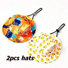 BVEOYPET 2PCS Pet Dog Sun Hats, Cute Colorful Duck & Dinosaur Print Bucket Hats With Ear Holes, Adjustable Chin Strap, Summer Outdoor Sun Protection For Small Dogs Cats - Multicolor - View 4