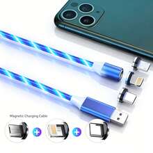 Cable de carga magnético con luz de flujo 3 en 1, cabezal de carga magnético desmontable con luz LED, compatible con iPhone 17 Pro Max/17 Pro/17 Plus/17/16/15/14/13/12/11/XS/XR/8/7/6, S25/S24/S23/S22/S21/S20, cable de datos de carga rápida - Azul - Ver 1