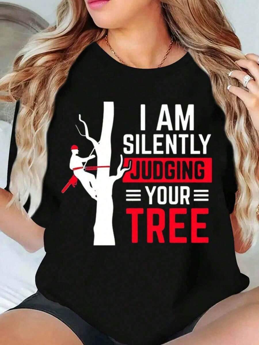 New Fashionable Women's Round Neck T-Shirt, Funny Graphic Design Of Arborist Cutting Trees, Casual Summer T-Shirt, 220g, Versatile Design Ready For Summer. - 黑色 - 查看 1