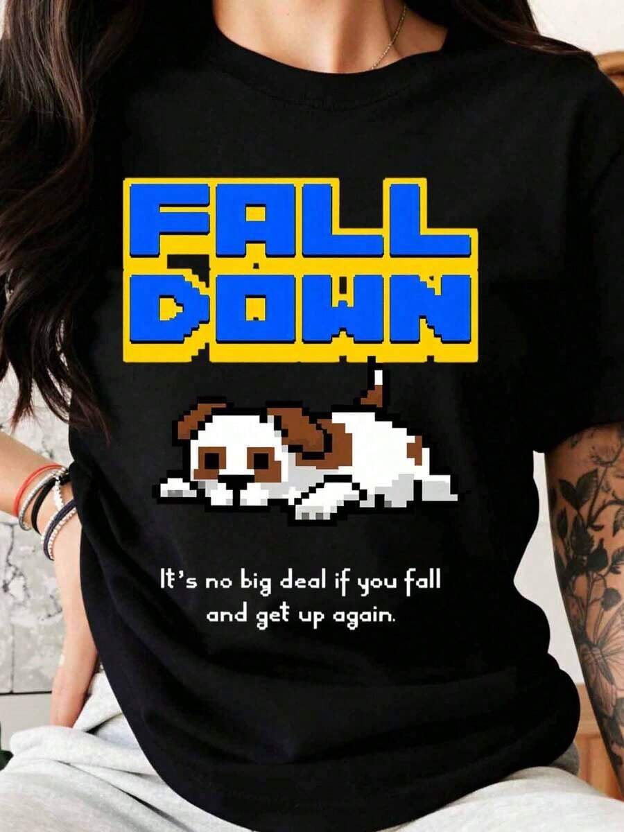Motivational T-Shirt With Pixelated Dog Design For Men And Women, Casual Wear With Inspirational Quotes, Gift For Friends And Family, For Birthdays, Christmas And Holidays, 100% Pure Cotton, Women's T-Shirt - 黑色 - 查看 1