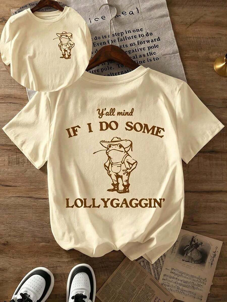 Can I Be A Little Lazy? Printed T-Shirt, Casual Short-Sleeved Top With Round Neck, Suitable For Spring And Summer Wear, Women's Summer Outfits, Women's Holiday Clothes, Women's Summer Clothes. - 杏子 3 - 查看 1