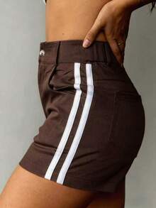 Women's Straight Woven Fabric Short Cargo Shorts, Solid Color With White Side Stripe, Suitable For Work, Beach And Vacation Summer - Brown - View 2