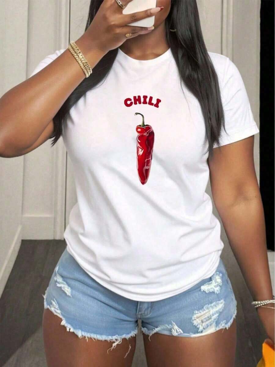Casual Round Neck Short Sleeve T-Shirt For Women, Comfortable Fabric With Chili Pepper Print, Stylish And Lightweight, Perfect For Daily Wear, Outdoor Activities, Or Dining Out, Design For Fashion Lovers Casual Blouses For Women - 白色 - 查看 1