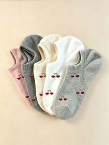 1/5/10 Pairs Women Heart & Cherry Solid Color Ankle Socks, Sweet Breathable Comfortable Invisible Socks, Suitable For Daily Wear, Sports, Home, All Seasons - Multicolor - View 3