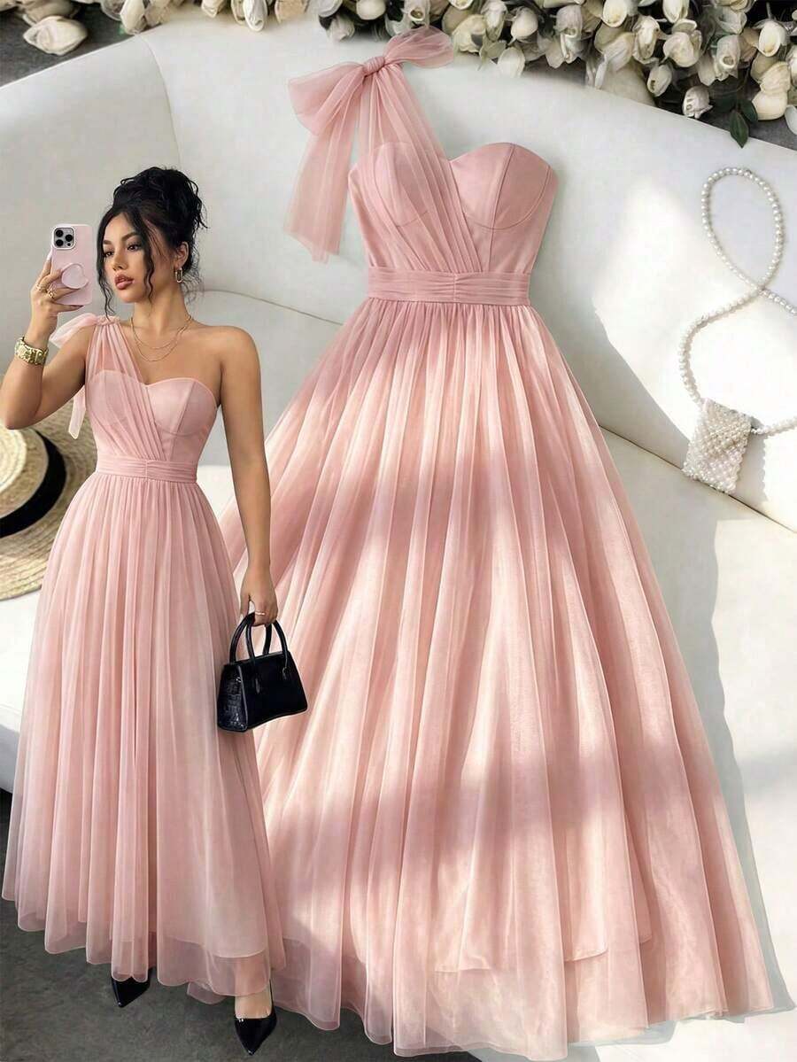 Elenzya Vestido elegante y romántico sin mangas con cuello halter, cintura con lazo y falda en línea A. Adecuado para bodas, fiestas y reuniones - Rosa coral - Ver 1