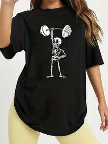 Women's Skeleton Print Gym T-Shirt - "GYM" - Fun Dumbbell And Bone Design T-Shirt, Casual Short Sleeve Crew Neck Style For Spring/Summer, Gym Wear - Unisex Vintage Urban Style Loose Fit Cotton Short Sleeve Crew Neck T-Shirt - 黑色 - 查看 7