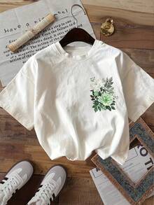 [Double-Sided Print] Fashionable Women's Top, Summer Clothes For Women, Cool Style With Green Peony Leaf Print, Round Neck, Short Sleeve T-Shirt, Winter Clothes For Women - 白色 - 查看 3