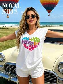 1 Piece Of White Short-Sleeved T-Shirt With Round Neck, Casual Holiday Style, Loose And Multifunctional, With Beatles Strawberry Field Forever Print For Women, Ideal For Everyday Wear. 180g 100% Cotton. - 白色 3 - 查看 1