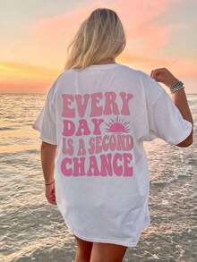 Casual Short-Sleeved T-Shirt With Round Neck And Letter Print For Plus-Size Women, Tops For Women - White - View 9