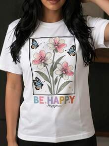 Women's T-Shirt With Creative And Fun Letter Print, Slogan "BE HAPPY", Floral Butterfly Graphic, Breathable Fabric, Regular Fit, Round Neck, Short Sleeve, For Outdoor Leisure, Spring Summer, Parties And Festivals, Urban Fashion, Easy To Match. - 白色 - 查看 7