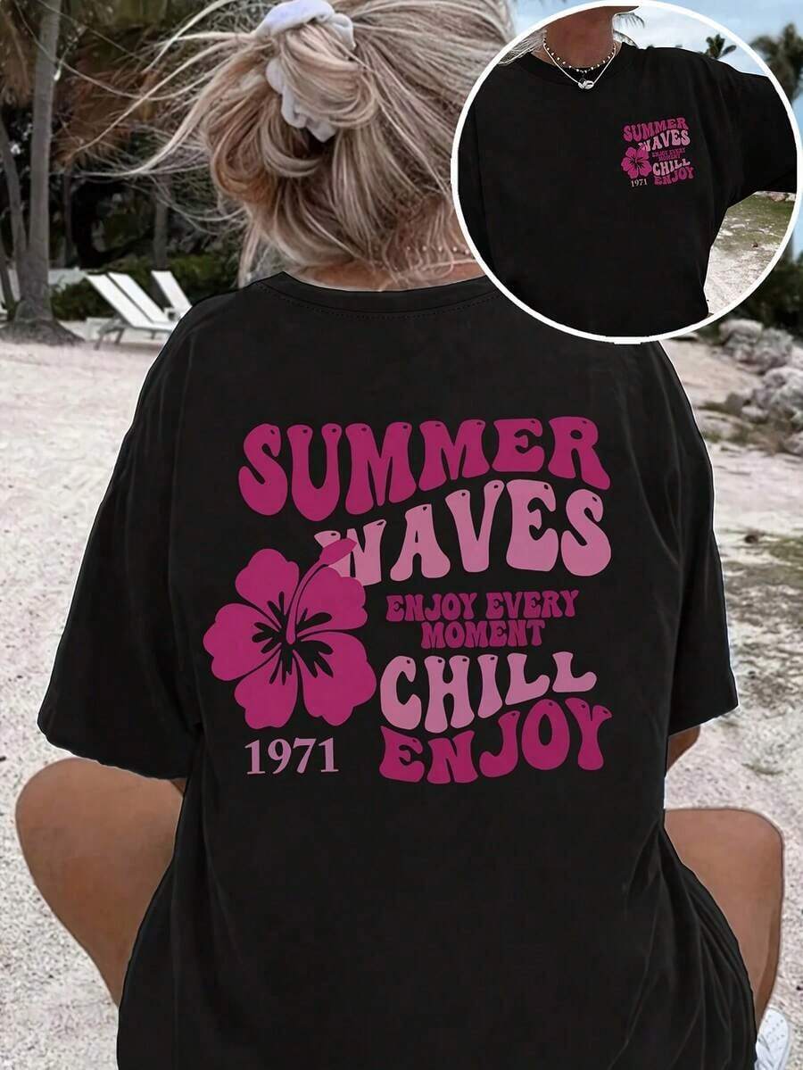 Women's Short Sleeve T-Shirt, Simple Style 2026, With Floral And Letter Print, Summer Clothes, Oversized T-Shirt, Casual Streetwear, Round Neck, Cotton, Summer Fashion, Loose Fit T-Shirt For Women, Everyday Wear - 黑色 - 查看 1