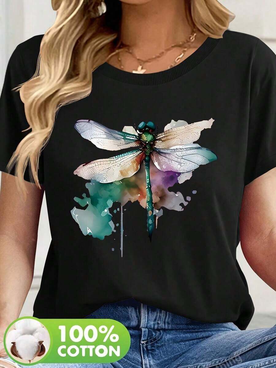 1 Piece Of Women's Short-Sleeved T-Shirt, Soft And Breathable - Black Casual And Sporty Top With Round Neck And Dragon Design, Machine Washable, Summer Blouse For Casual Outfits - Comfortable Daily Wear And Artistic Design, 180g 100% Cotton. - 黑色 - 查看 1