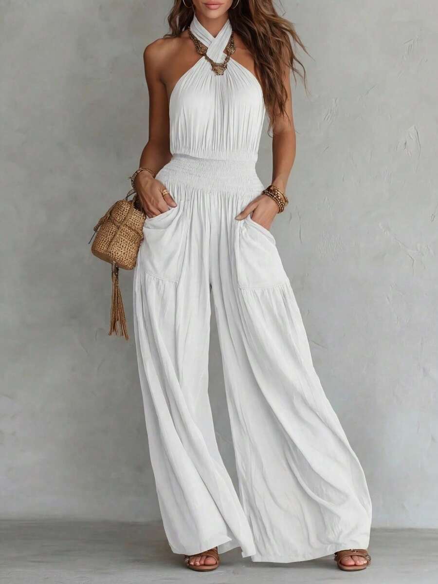 Bohemian-Style Sleeveless Wide-Leg Jumpsuit With Open Back, Ruching, And Pockets - White - View 1