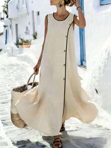 Vestido de mujer con cuello redondo, sin mangas y con ribete de color contrastante, vestido de vacaciones - Albaricoque - Ver 5