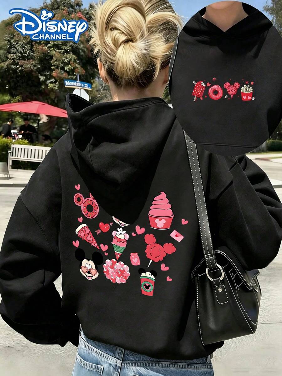 Disney Women's Sweatshirt, Hooded Sweatshirt Snacks Print, Love Heart Pattern, Mickey Minnie Graphic, Donut/Ice Cream/Popcorn/Cotton Candy Elements, Red Heart Accents -- Disneys Disneyland Paris The Magic Kingdom Disneyesque The House Of Mouse Mickey Mouse Empire Modest Summer Outfits Take That T Shirt Summer Coord Tops For Women Summer Summer Clothes Women Summer Clothes Summer Tops Summer Tops Women Summer Co Ord Summer Top Summer Outfits White Top Black Top Holiday Outfits For Women Tops For Women Summer Holiday Gifts Valentine's Day Gifts Earth Day Gifts Oktoberfest Gifts Summer Bank Holiday Gifts - Black - View 1