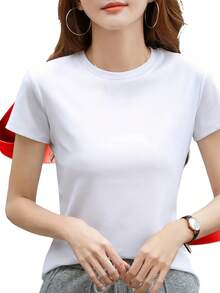 Fashionable Solid Color Round Neck Short Sleeve Top For Women - White - View 2
