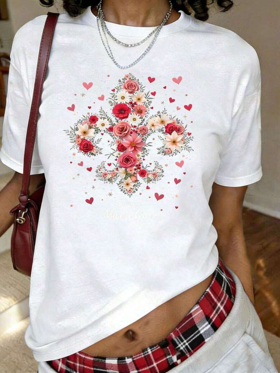 Happy Dolphintine's Day Bohemian Floral Print Cotton T-Shirt With Dolphins And Roses, Short Sleeve, Round Neck, Casual Style For Summer And Spring, Women's Clothing - 白色 - 查看 1