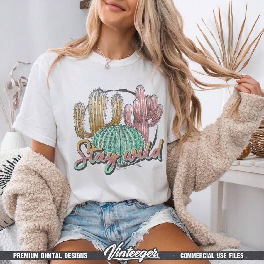 Mantente salvaje| Descarga instantánea| Diseño de sublimación| Camisa de verano| Sublimación de cactus| Diseño de camisa retro png| Verano vintage - Blanco - Ver 1