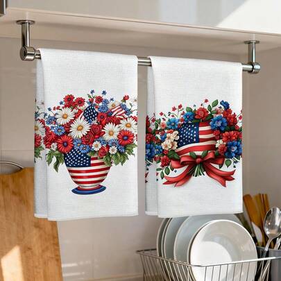 2pcs Kitchen Towels, Independence Day Bow & Floral Pattern Super Soft Microfiber Kitchen Towels, 40*60cm/15.7*23.6in, Single-Sided Print, Dish Cloths, Suitable For Kitchen, Bathroom, Restaurant Decor, Holiday Gift
