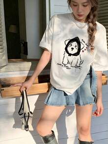Made In Japan, Spring/Summer Cotton, Round Neck, Loose Fit, Versatile, Simple, English Print Short-Sleeve T-Shirt - White - View 2