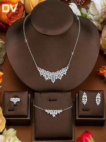 DV JEWELRY 5件套奢华锆石镀白金项链、手链、耳环、开口戒指首饰套装，优雅珠宝礼品，适合女性、派对、周年纪念日佩戴 - 銀色 - 查看 4